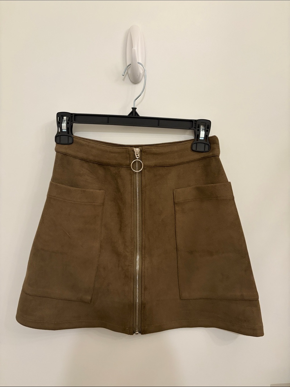 Olive Green/Taupe Brown Faux Suede A-Line Skirt with Front Zip